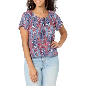 Star Vixen Women's Short Sleeve Peasant Top (Black/Royal/Coral)