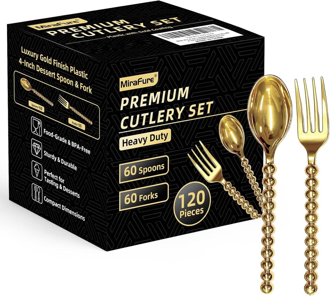 Premium Gold Mini Dessert Utensils Set - 120-Piece (60 Forks & 60 Spoons) with Beaded Handle, 4.4 Inch BPA-Free Plastic, Appetizer Utensils for Parties, Charcuterie Boards & Tasting Events