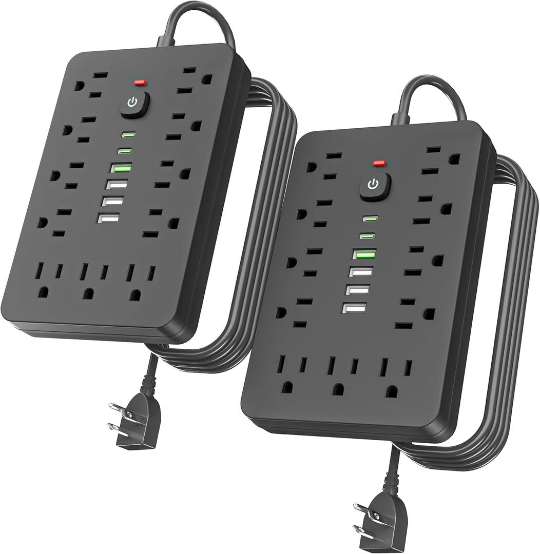 JouleLoom 2PCS 6 FT Flat Plug Surge Protector Power Strip,11 Multiple AC Outlets with 6 USB Ports (2 USB C), 6 Feet Extension Cord, 1250W/10A, One Touch Switch Button, 17 in 1 Compact powerstrip