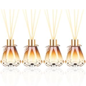 4pcs Reed Diffuser Empty Bottles with 20pcs Sticks, Delicate Gold Leaf Decor, Glass Fragrance Set with Lids for Home, Bathroom | Refillable, Diamond Style Gold