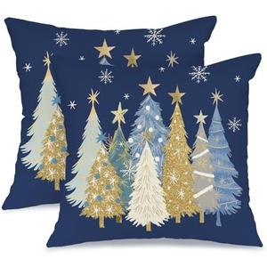 AACORS Christmas Pillow Covers 15X15 Set of 2,Watercolor Christmas Tree Stars Decoration Holiday Farmhouse Winter Pillow Case for Sofa Couch Decor（Blue） AA608-18-2