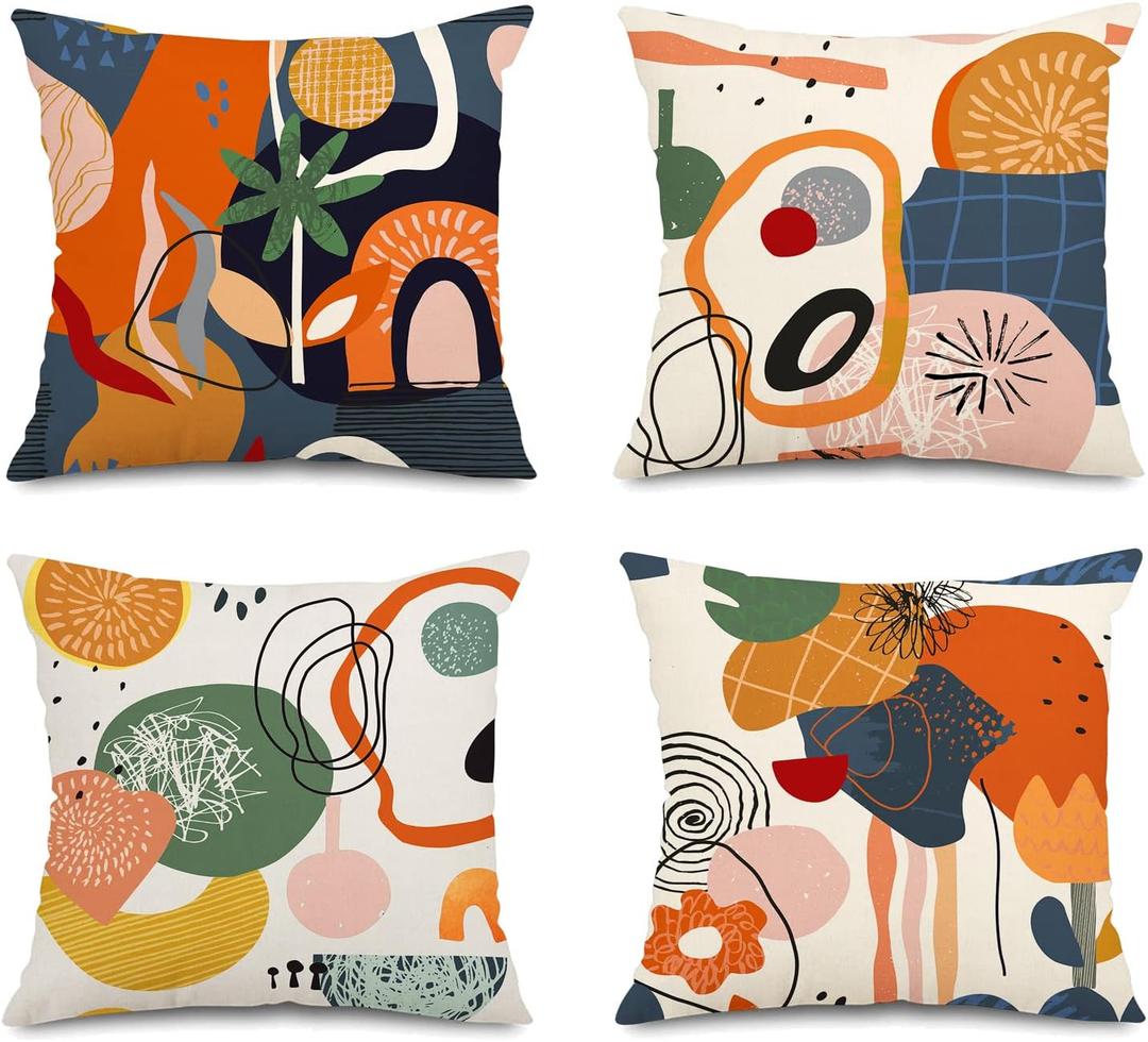 Jartinle Abstract Mid Century Modern Throw Pillow Covers 18x18 Colorful Boho Orange Aesthetic Floral Geometric Pillow Covers for Couch Outdoor Decor Set of 4