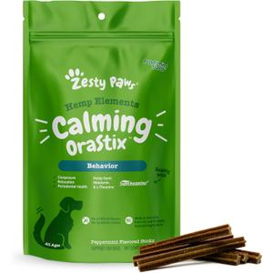 Zesty Paws OraStix for Dogs - Calming Dental Sticks for Stress with Hemp Melatonin Chamomile Dog Healthy Teeth and Gums Calm Composure for Fireworks and Thunderstorms - 12oz