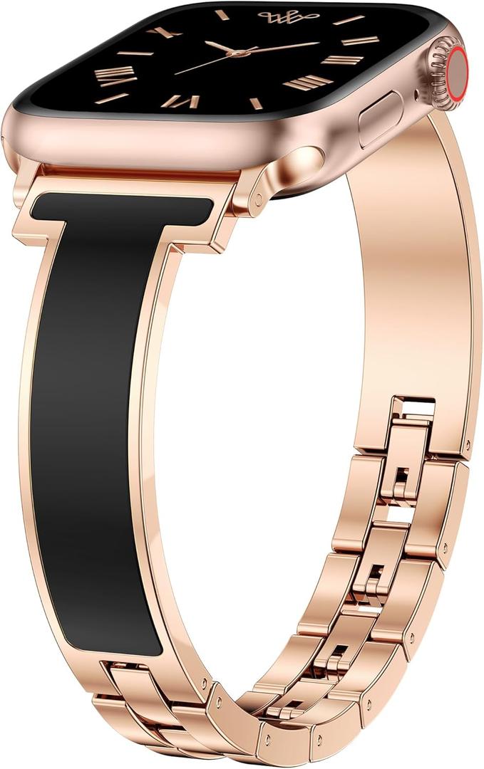 Moolia Slim Metal Band Compatible with Apple Watch 38/40/41/42/44/45/46mm Women, Fancy Dressy Enamel Bracelet Jewelry Luxury Bangle Strap for iWatch Series 11 11 10 9 8 7 6 5 4 3 SE/Ultra 3 2 1/Ultra 3 2 1 (Rose Gold/Black)