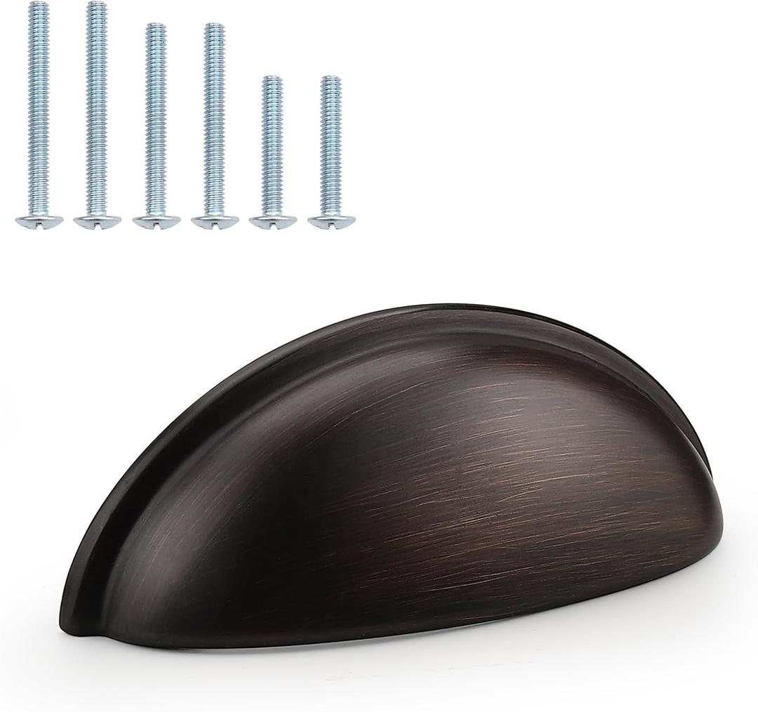 Probrico (6 Pack Cabinet Cup Pulls Oil Rubbed Bronze Drawer Pulls 3 Inch(76mm) Hole Center Bin Cup Cabinet Handles Kitchen Cabinet Hardware Modern Drawer Handles Knobs Shell Style Cabinet Pulls