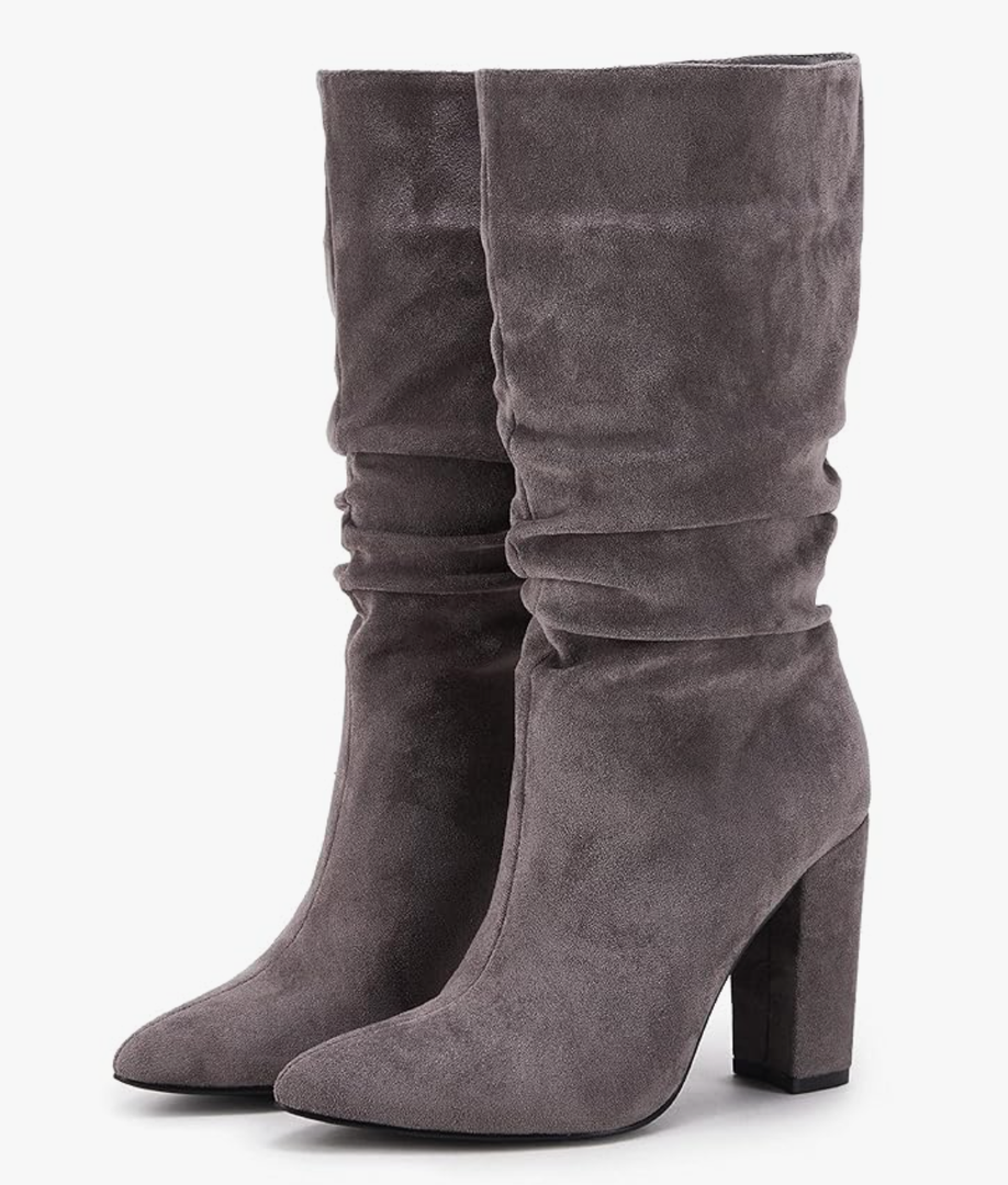 Syktkmx Womens Winter Slouchy High Heel Boots Mid Calf Suede Slip on Chunky Block Pointed Toe Boots 8
