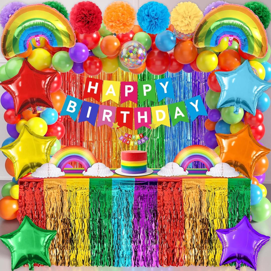 Rainbow Birthday Decorations, 104Pcs Rainbow Party Supplies for Boys and Girls, Colorful Streamers Party Decors Set, Birthday Party Backdrop