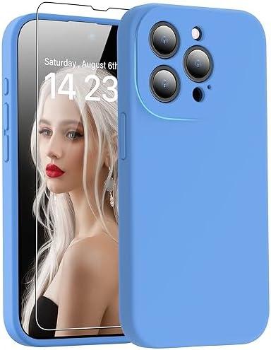 DEENAKIN Designed for iPhone 15 Pro Case Silicone with Screen Protector - Enhanced Camera Protection - Smooth Baby Skin-Like Feel - Slim Fit Protective Phone Cover 6.1" - Sky Blue