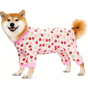 Recovery Suit for Dogs Full Zipper, Four-Legged Onesie Dog Recovery Suit After Surgery Cute Soft Bodysuit Cone Alternative Male Female Neuter Anti Licking Wounds (Pink Strawberry, Medium)