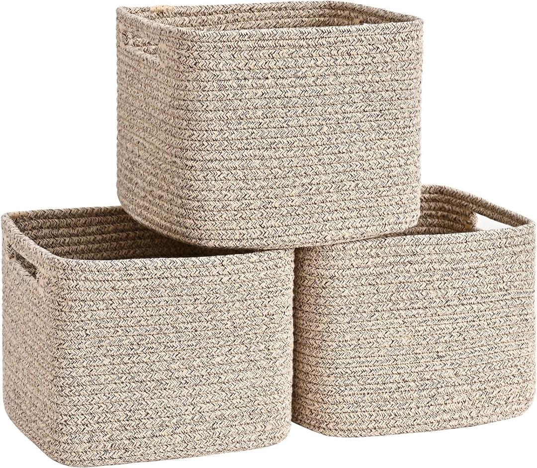 3 Pack Cube Storage Bin, 9x9x7 Cotton Rope Woven Baskets for Organizing Toys Clothes Towels, Square Gift Storage Baskets for Shelf, Nursery, Closet, Bathroom, Pantry (Jute)