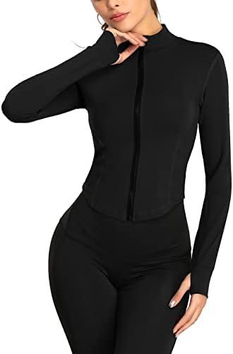 FEOYA Women Full Zip Workout Jacket Long Sleeve Slim Fit for Yoga Running Golf Athletic Jacket with Thumb Hole (Black, M)