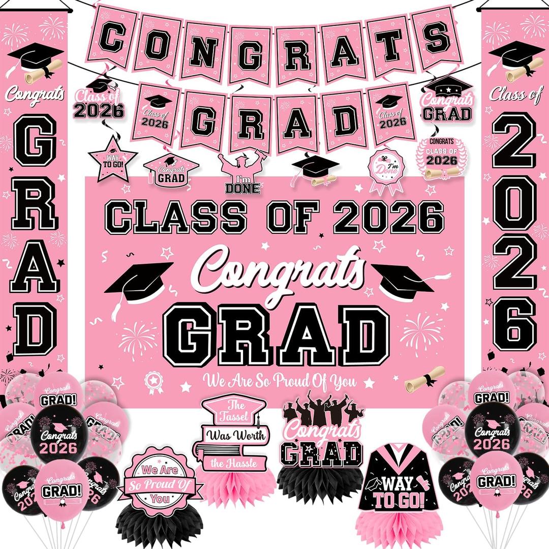 Graduation Decorations 2026 Pink Graduation Party Decor Set include Congrats Grad Banner Backdrop Class of 2026 Balloons Party Supplies
