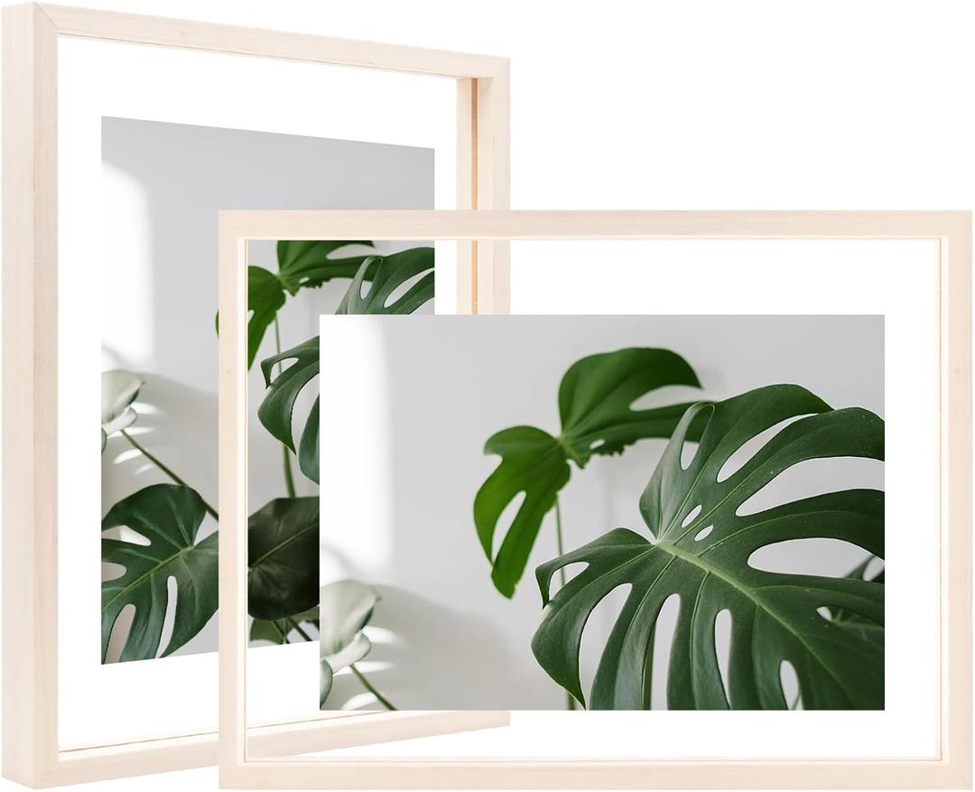 Egofine 9x12 Floating Frames Set of 2, Double Plexiglass Picture Frame, Made of Solid Wood Display Any Size Photo up to 9x12, Wall Mount or Tabletop Standing, Beige
