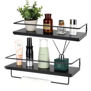 Floating Bathroom Shelves Set of 2 Wall Mounted Shelf with Black Metal Frame and Towel Rack for Bathroom Over Toilet Storage and Organizers for Bedroom Living Room Kitchen Office