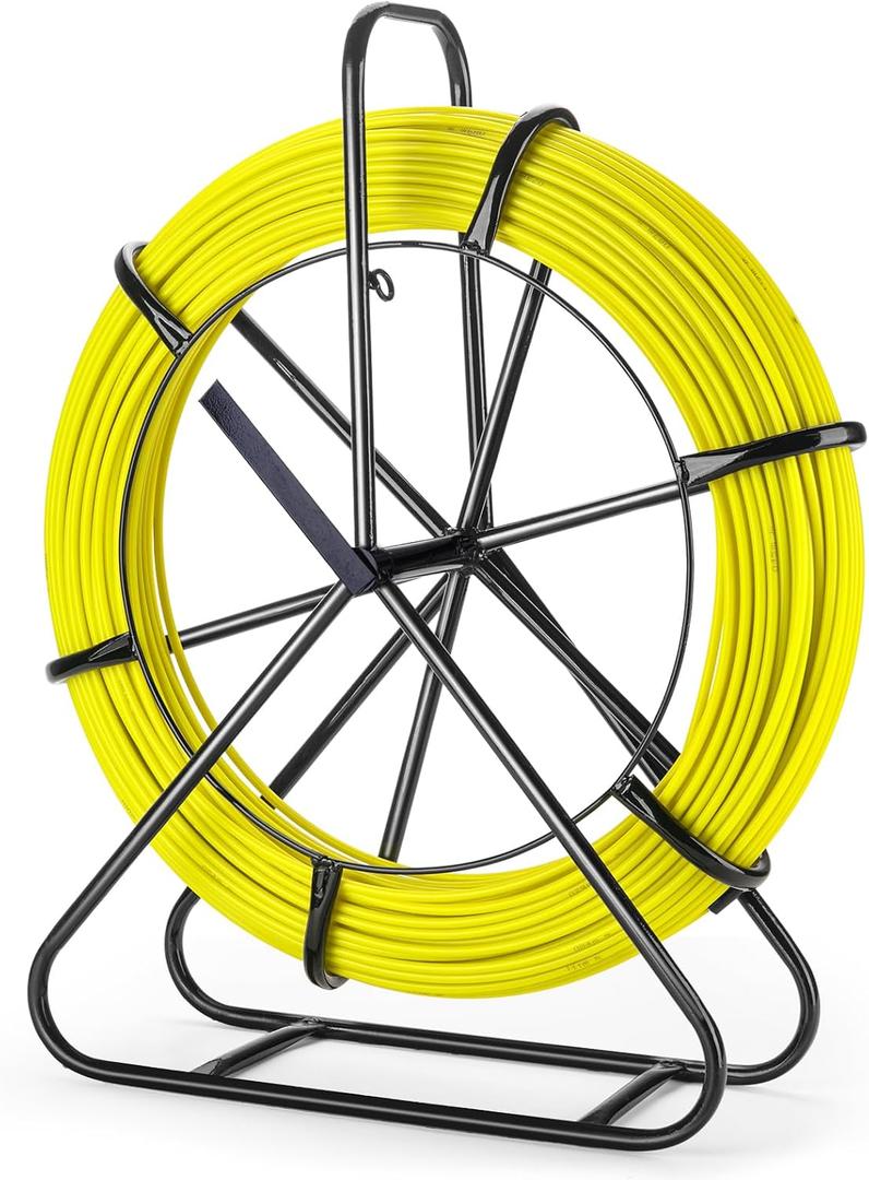 Fiberglass Fish Tape with Hand Brake, 656FT x 1/4" (6mm) Duct Rodder Wire Puller with Steel Reel Stand & Guide Cage, Flexible Cable Puller for Electrical Conduit, Wall & Underground Wiring