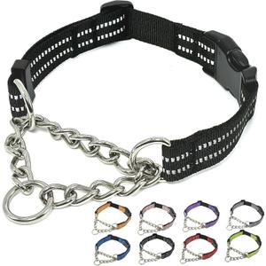 Martingale Dog Collars, Reflective Nylon Collar with Stainless Steel Chain, Adjustable Walking Training Dog Collars with Quick Release Buckle, Suitable for Small Medium Large Dogs(Black,M)