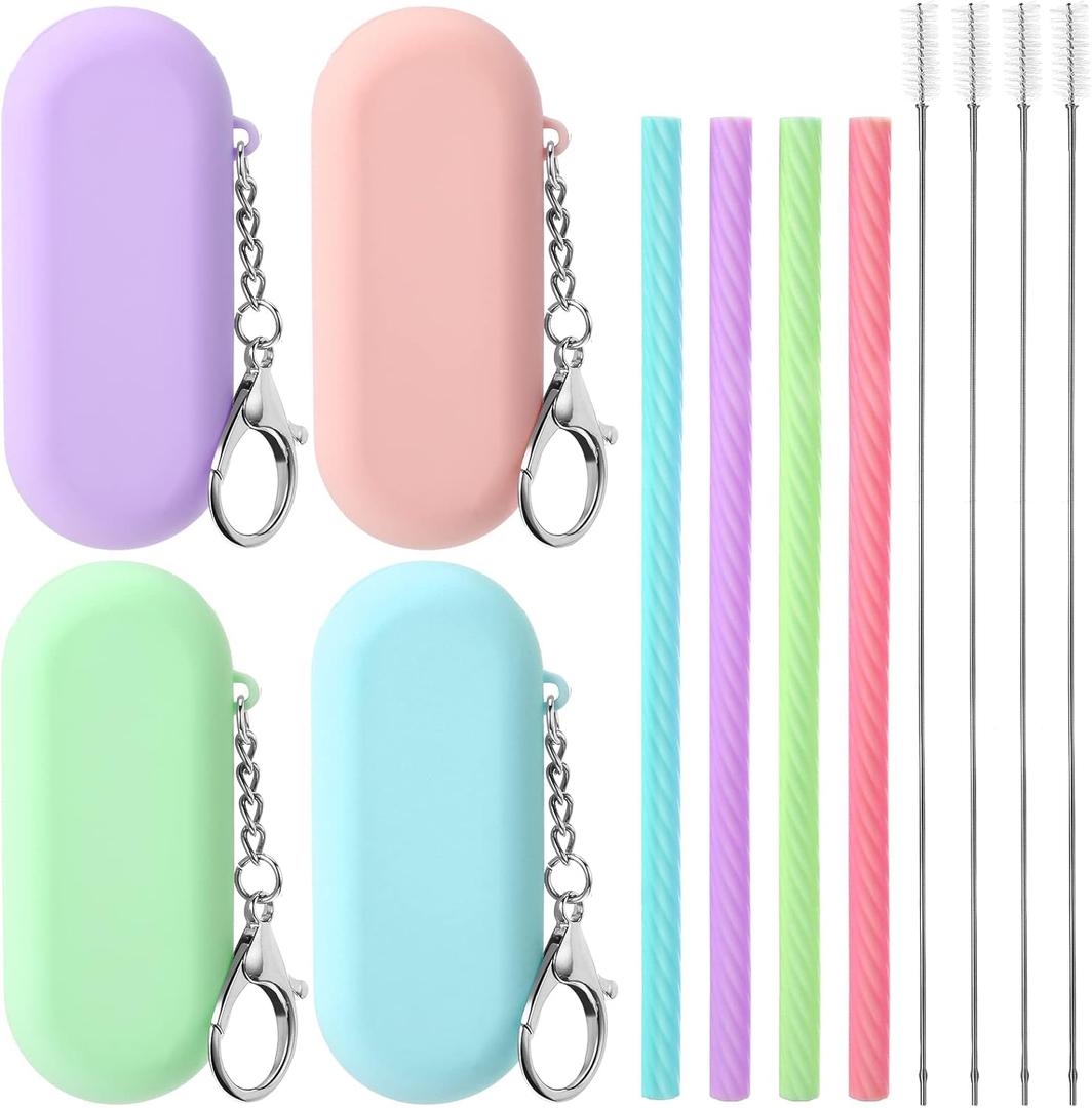 Meanplan 4 Sets Cruise Ship Essentials,4 Set Silicone Straws with Case Reusable Silicone Portable Drinking Straw Set for Party Travel Cold or Hot with 4 Carry Case, 4 Cleaning Brushes (Classic Color)