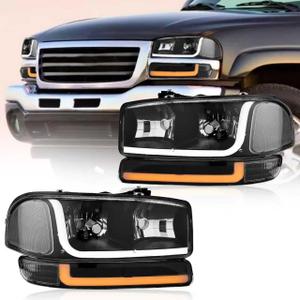 LED DRL Headlight, Headlights Assembly Kit Compatible with 1999-2007 GMC Sierra/1999-2006 Yukon Replacement Headlamp Black Housing Clear Reflector