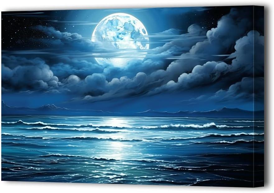 LURENCZH Ocean Moon Canvas Wall Art Night Full Moon Picture Wall Decor Blue Seascape Painting Prints Living Room Office Decor Framed(Moon-2,16.00" x 24.00")