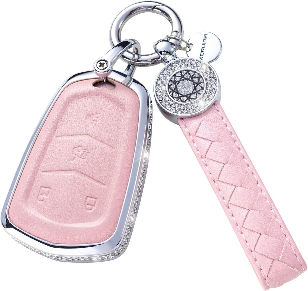 RUABIBAN for Cadillac Key Fob Cover with Keychain, Pink Genuine Leather Crystal Key Case Protection Shell Compatible with Cadillac Escalade CTS SRX XT5 ATS STS CT6 5-Buttons Remote Start