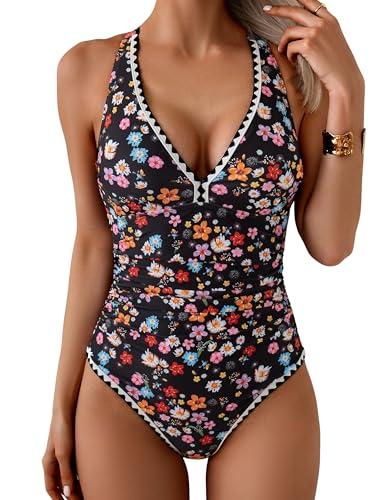 B2prity One Piece Swimsuit for Women Tummy Control Ruched Bathing Suit Push Up Tie Back Swimwear Shell Stitched Large