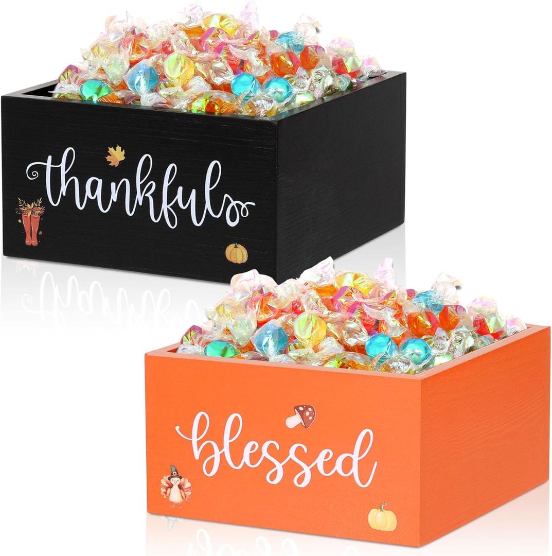 2 Pcs Fall Candy Bowl Dish Mini Wooden Autumn Candy Bowl Thankful Blessed Thanksgiving Harvest Candies Holder Farmhouse Party Supplies for Tiered Tray Holiday Table Decor Housewarming Gift