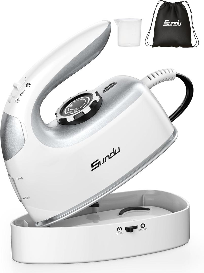 Sundu 1000W Mini Travel Steam Iron, Portable Small Iron for Quilting & Sewing, Non-Stick Soleplate, 300 Steam Holes, 90ml Tank, Safety Base & Digital Temperature Control-Silver Grey