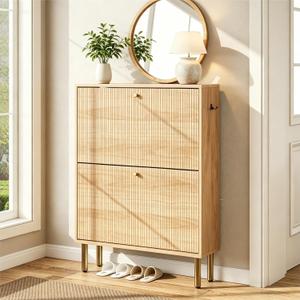 Nicetree Shoe Storage Cabinet for Entryway - Flip Shoe Cabinet with Tiered Fluted Design - Slim Shoe Storage Rack with Gold Legs - Narrow Shoe Cabinet Hidden Shoe Organizer for Small Spaces, 30 x 9.5 x 36.7 inches