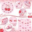 400 Pcs Cherry Birthday Party Decorations for 50 Guests, Red Pink Cherry Bow Scalloped Paper Plates Napkins Cups Cutlery for Pink Bow Coquette Baby Shower Bridal Shower Party Supply