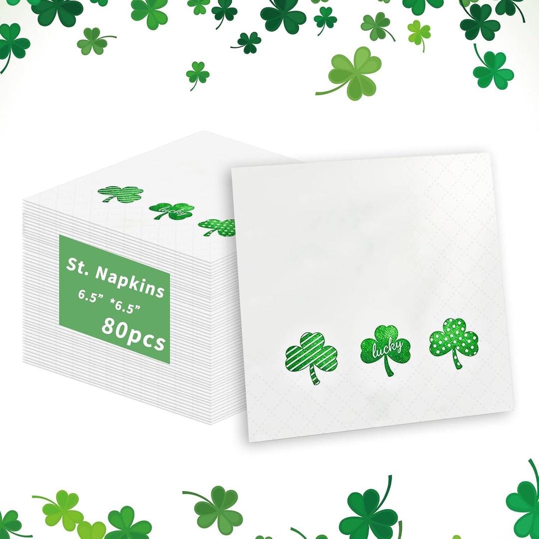 80 Pcs St. Patrick's Day Shamrock Green Cocktail Napkins | Lucky Clover Design, Disposable Paper, Irish-Themed Party Supplies, Saint Patricks Day Decorations