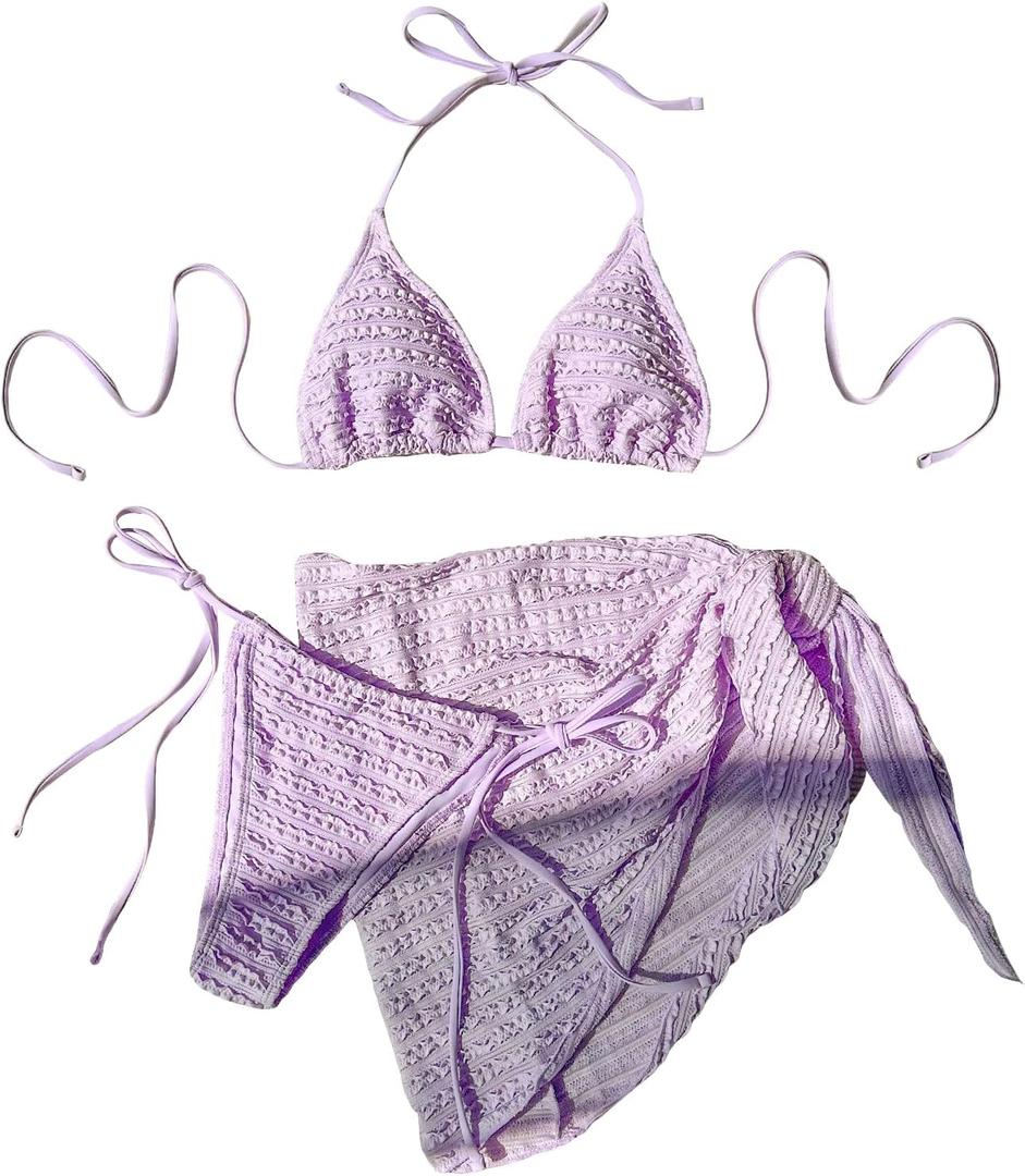 GORGLITTER Women's 3 Piece Swimsuits Halter Triangle String Bikini Set with Beach Skirt Swimwear Set (Large, Purple)