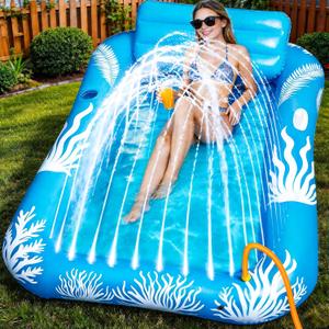 Inflatable Tanning Pool Lounger Float with Sprinkler-6 in 1 Suntan Tub Raft Floatie with Drink Holder Sunbathing Water Lounge-Tanning Bed Mat Pad for Adult Blow Up Kiddie Pool Kids Ball Pit Pool (L)