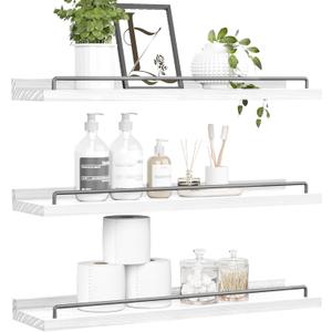 22 inches Long Floating Shelves, Bathroom Decor Shelves Over Toilet, Farmhouse Wall Shelves for Living Room, Bedroom, Picture Frames, Plants, Kitchen, Set of 3 (White and Black)