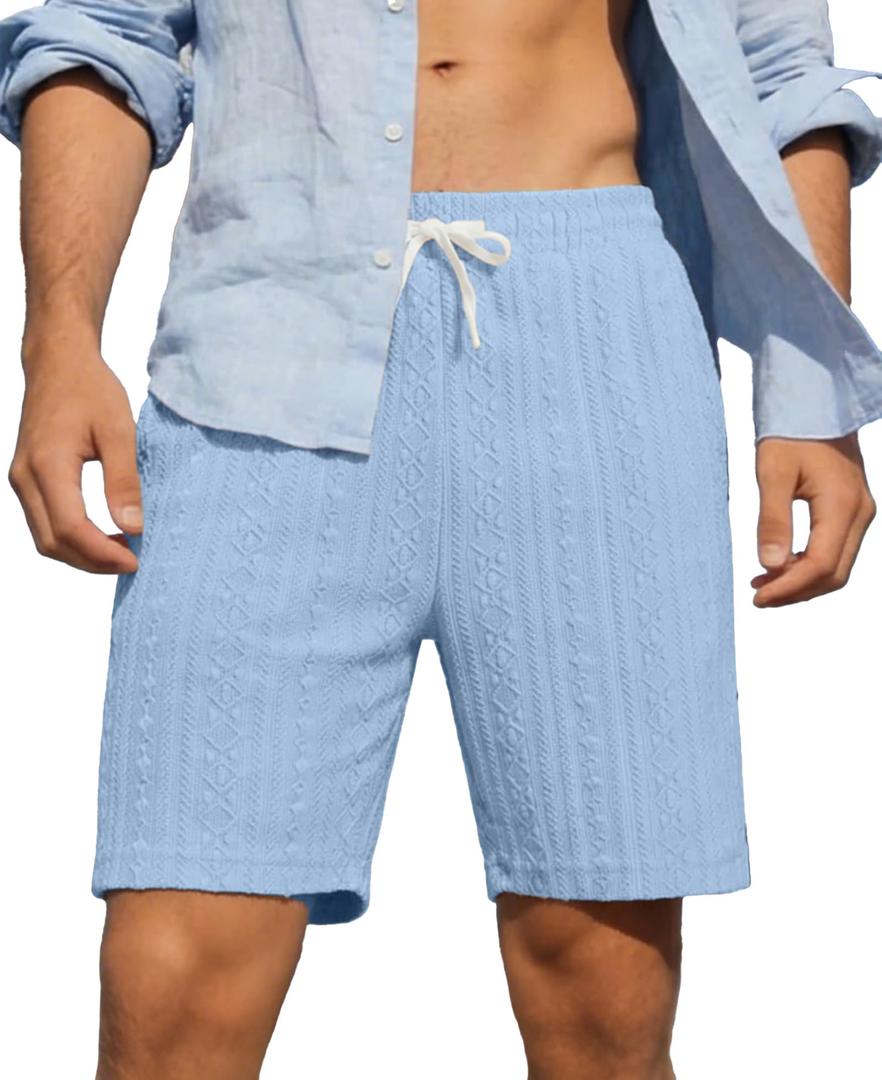Susclude Mens Shorts Casual 7" Textured Elastic Waist Drawstring Beach Vocation Summer Stretch Comfy Short with Pocket Blue (Blue)