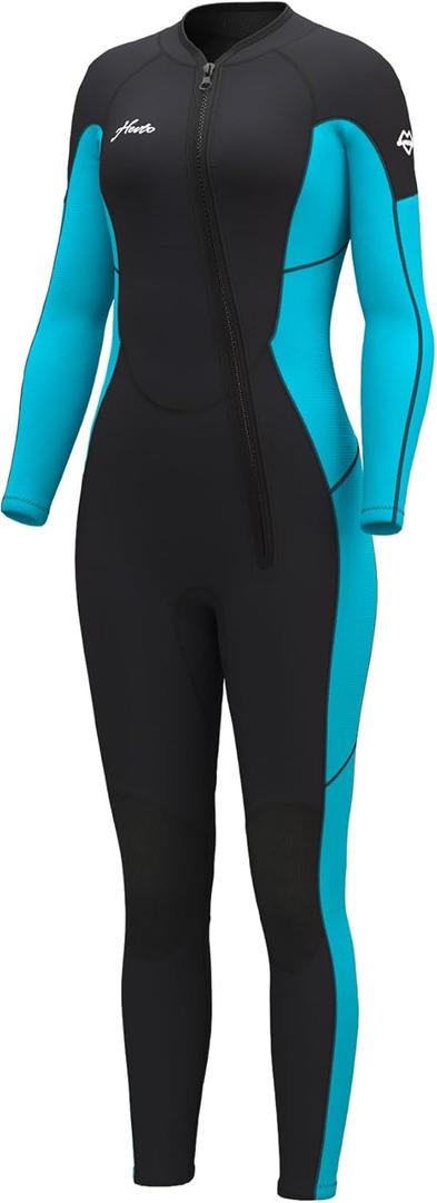 Hevto Women Wetsuit 3/2mm Neoprene Wet Suit Keep Warm in Cold Water for Surfing Swimming Diving (10, W1-3/2mm-Front Zip-Blue)