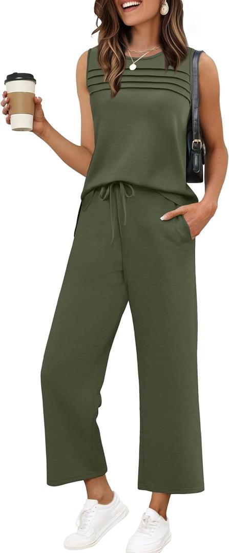 WIHOLL Two Piece Sets for Women Summer Outfits Matching Lounge Sets Wide Leg Crop Pants Vacation Travel (Large, Green)