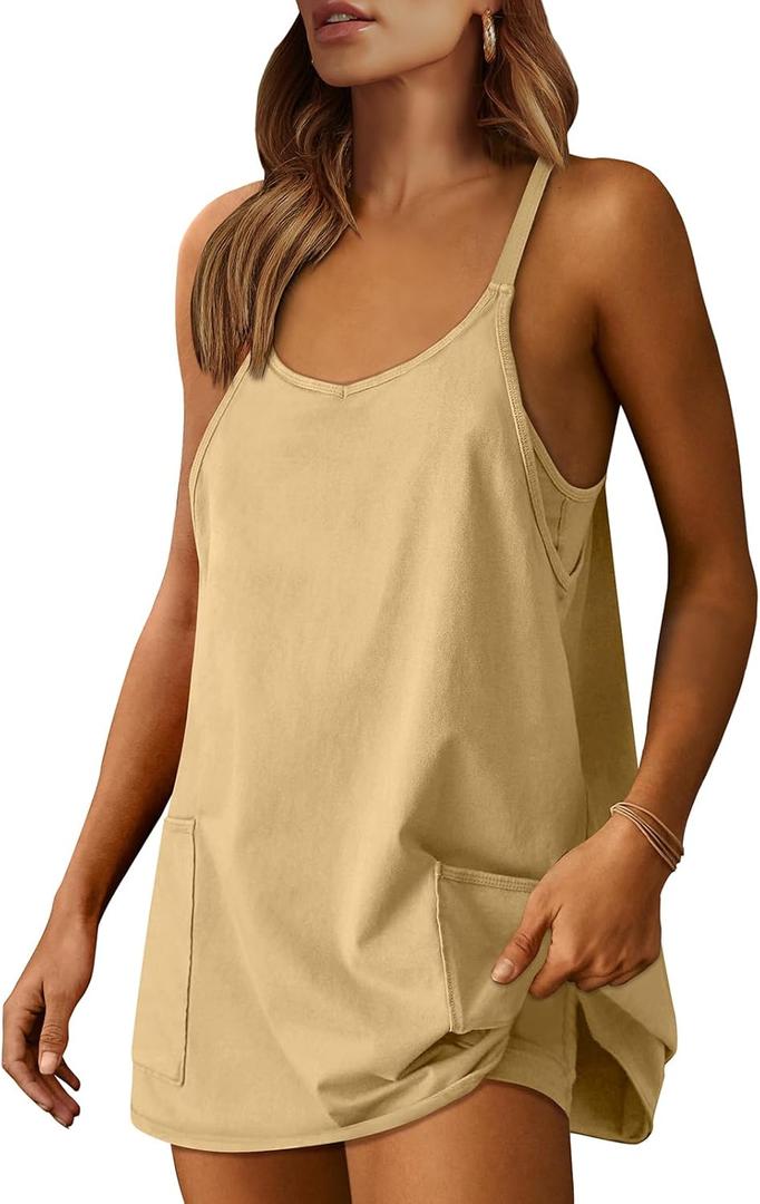 ANRABESS Women Athletic Dress Summer Tennis Workout Active Sports Mini Romper Dress Built in Shorts Travel Vacation Clothes (Small, Light Yellow)