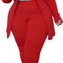 Women's Plus Size 2 Piece Outfits Open Front Blazer and High Waisted Long Pant Suit Set Business Loungewear (Red, XL)