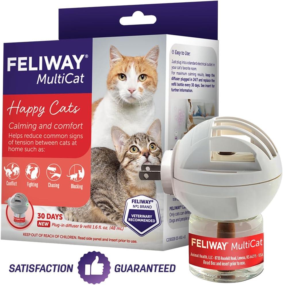 FELIWAY MultiCat 30 Day Cat Calming Plug In Pheromone Diffuser Starter Kit, 48ml - Helps Reduce Conflicts and Signs of Tension in Multi-Cat Households (1.62 Fl Oz (Pack of 1), clear)