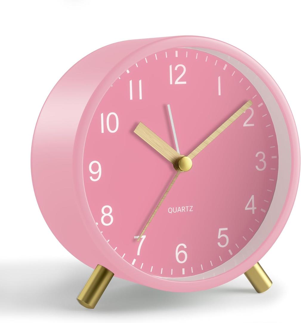 Analog Alarm Clock, 4 inch Super Silent Non-Ticking Small Clock with Night Light, Battery Operated, Simple Design, easy setting for Office, Bedroom, Bedside, Desk, Teens, Elders, Kids, Adult, Pink