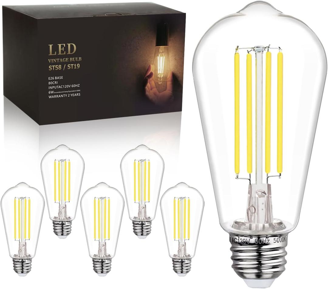 BORT 6 Pack Shatter-Resistan Vintage LED Edison Bulbs, 5000K Daylight White, Dimmable 6W Edison Light Bulbs, 60W Equivalent, 800LM, Lightweight Safe for Home Kitchen Cafe Farmhouse.