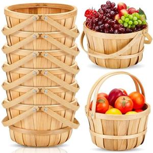 Marsui 6 Pcs Large Wooden Bushel Baskets 11 x 6.5'' Wicker Berry Apple Fruit Bushel Baskets with Handle for Autumn Harvest Garden Storage Farmers Personal or Commercial Use