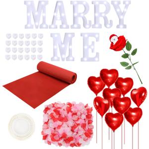 Marry Me Light Up Letters Proposal Decorations Marry Me Sign 24 LED Candles 2000 Rose Petals 10 Foil Balloon 10ft Carpet Runner Rose Ring Box for Valentine's Day Wedding Proposal Engagement (White)