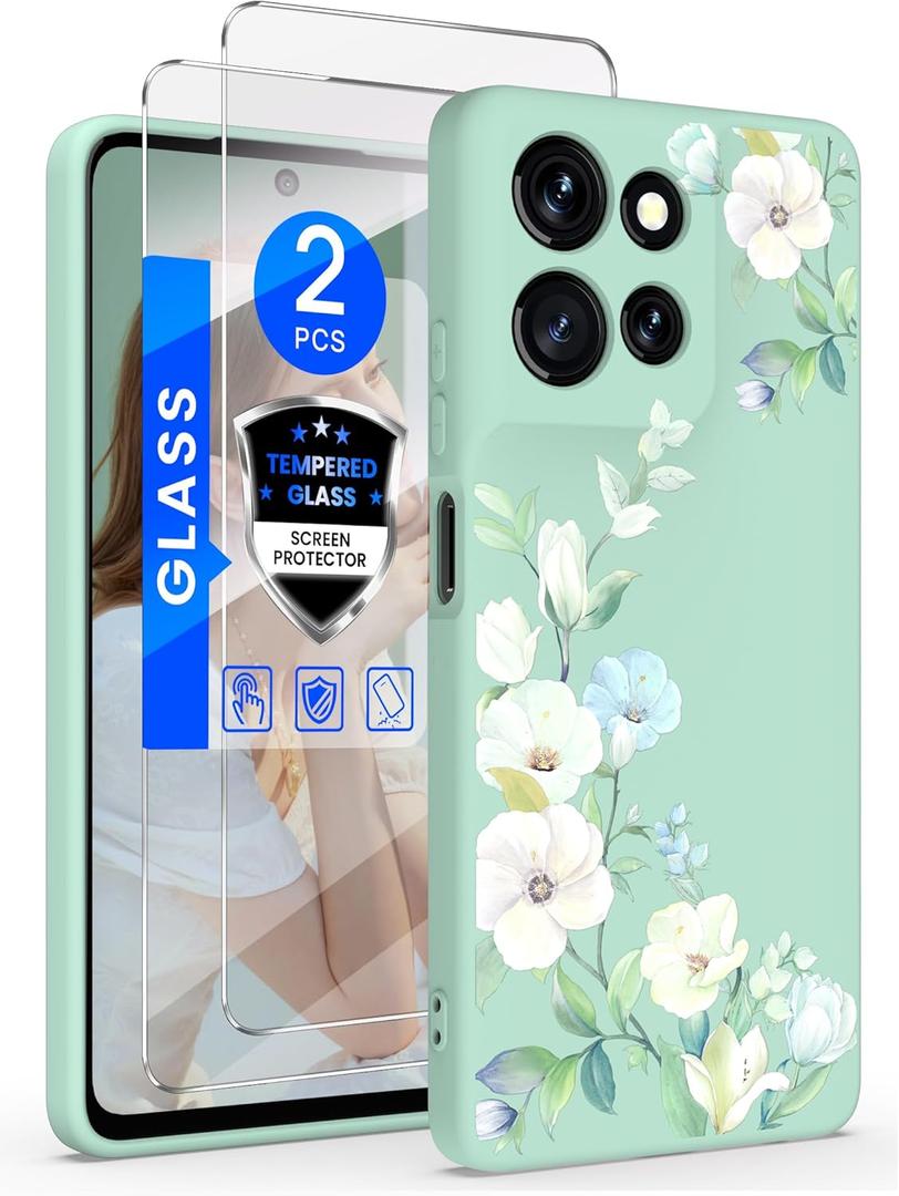Yucenx for Motorola Moto G 5G 2025 Case, Girls Women Florals Liquid Silicone Phone Case, Shockproof Anti-Scratch Soft Protection Case with 2X Screen Protectors for Moto G 5G 2025 (Hibiscus) (6.7 inch)