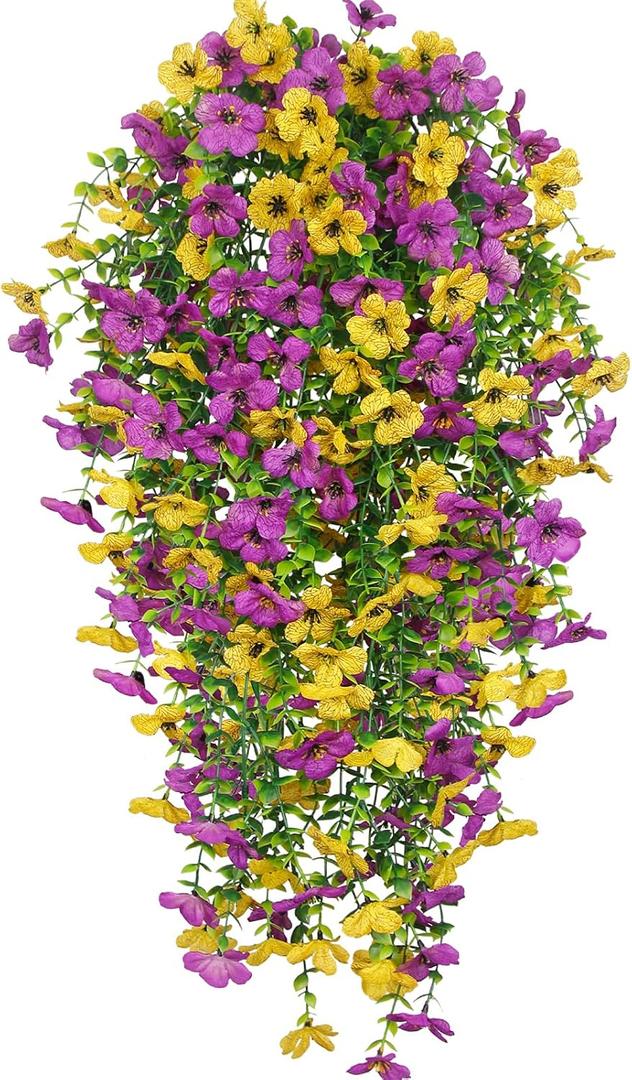 4 Pcs Artificial Hanging Flowers for Outdoors Spring Summer Faux Silk Daisy Flowers UV Resistant Fake Plants Eucalyptus Realistic for Outside Home Indoor Planter Porch Yard Decor Yellow Purple