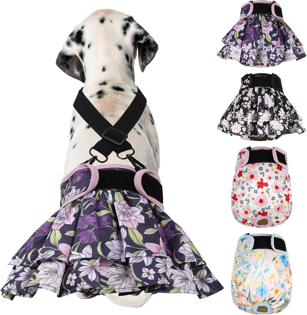 Washable Female Dog Diapers (4 Pack+1 Suspenders), Reusable Female Girl Doggy Doggie Puppy Wraps Panties Belly Band for Pet Heat Period Pooping Peeing Potty Training Incontinence Marking Flower Medium