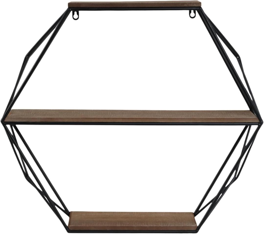 Geometric Decorative Wall Shelf  3-Tier Metal & Wood Home Decor Floating Display Shelf  Modern Wall Shelves for Bathroom, Bedroom & Living Room  Brown & Black, 24"