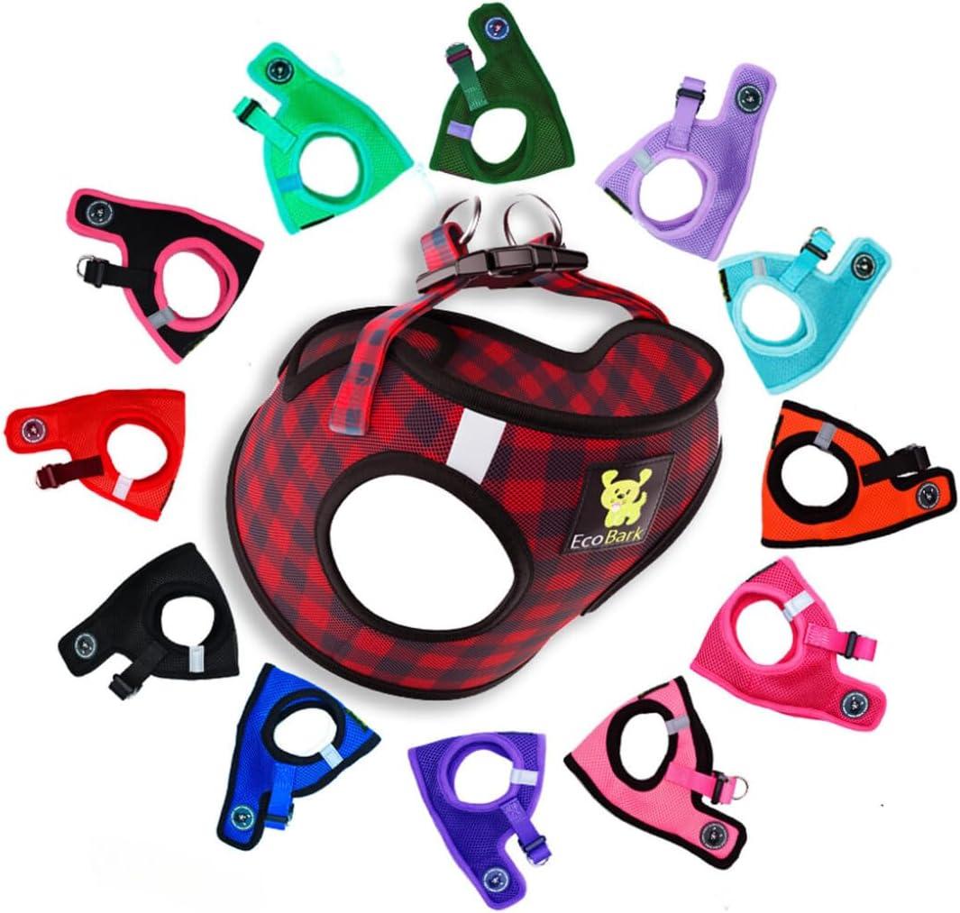 EcoBark Teacup Dog Harness in Red Plaid - Step in Luxury Soft Reflective Halter - Ultra Padded Mesh - Comfortable & Secure Halter Vest (XS- 5 to 6 lbs- Chest Up to 13 in, Buffalo Check Plaid)