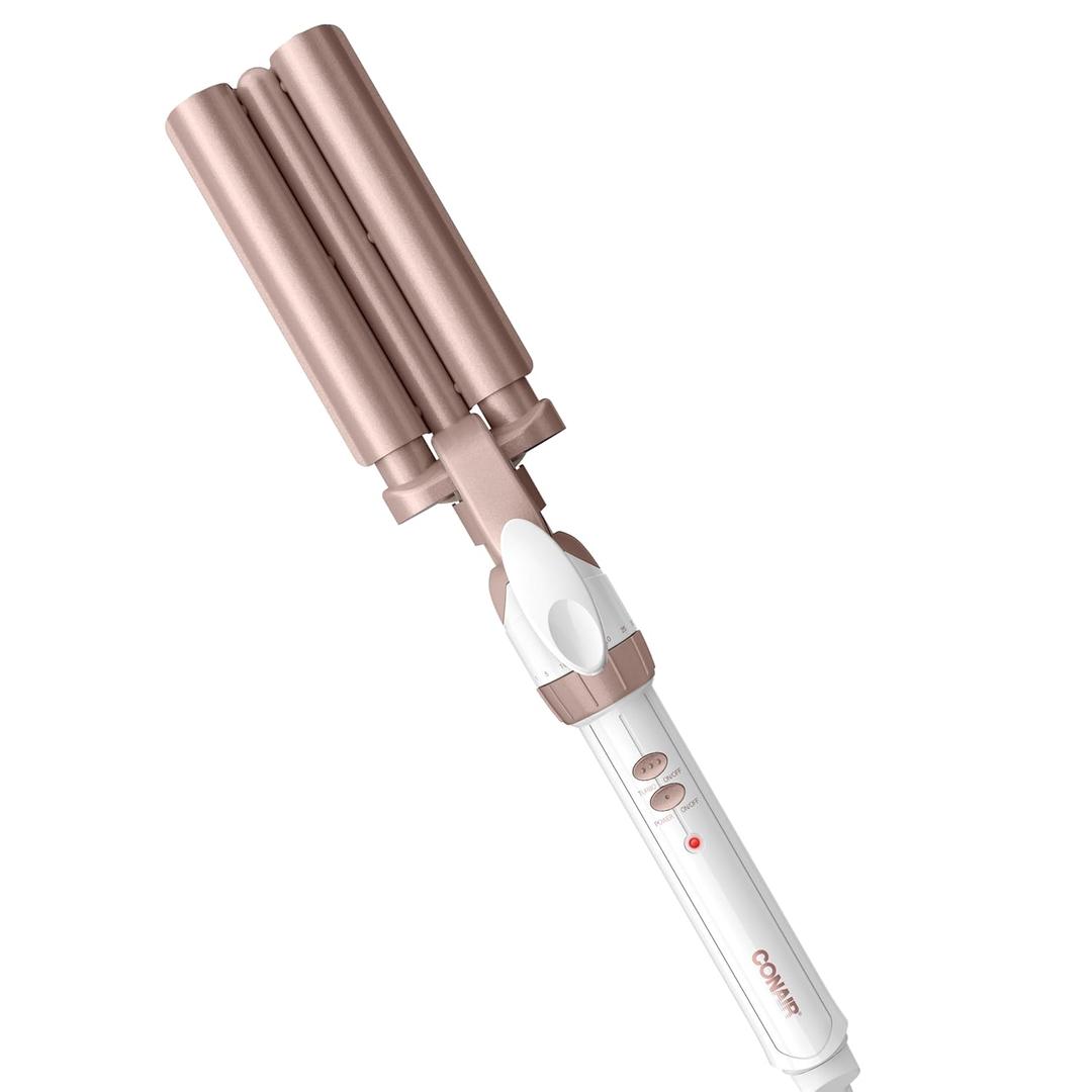 Conair Double Ceramic 3 Barrel Curling Iron, Triple Barrel Waver Hair Tool Creates Deep, Continuous Waves, Hair Curler for All Hair Lengths, White/Rose Gold
