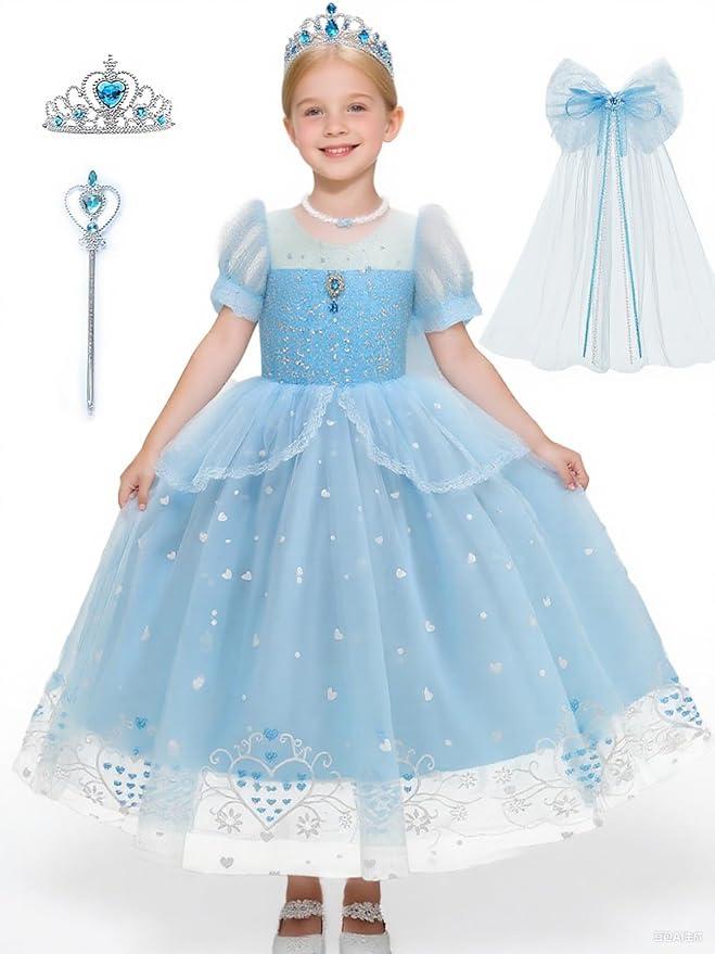 YYSSNM Girls Princess Costume Set with Crown, Magic Wand & Trailing Bow Elegant Party Dress for Cosplay, Birthdays, Halloween, 130